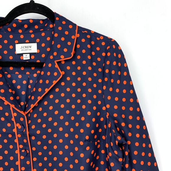 J. Crew Collection Silk Twill Popover Top Womens Size M Navy Orange Polka Dot - Picture 3 of 6